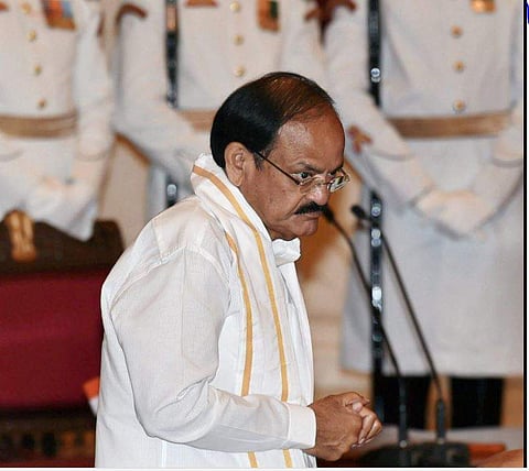Venkaiah Naidu (R) succeeded M Hamid Ansari who served two consecutive terms as Vice President of India since August 2007. ( Photo | AP)