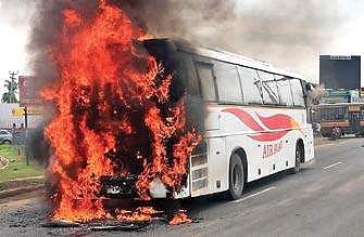 The Karnataka State Road Transport Corporation bus that caught fire on the Bengaluru Highway near Nazarathpet in Poonamallee on Saturday | Express