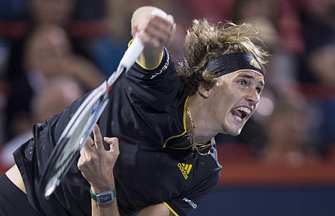 Alexander Zverev, of Germany, serves to Denis Shapovalov, of Canada, during a semifinal of the Rogers Cup tennis tournament. | AP