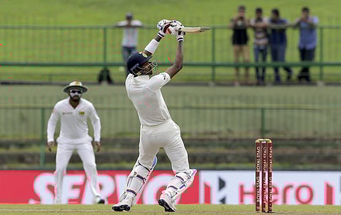 India's Hardik Pandya plays a shot during the second day's play of their third cricket test match against Sri Lanka in Pallekele Sri Lanka Sunday Aug. 13 2017. | AP
