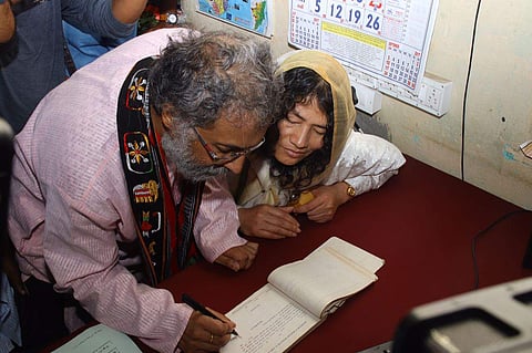 The civil rights activist Irom Sharmila and her long-time partner Desmond Coutinho at the sub-registrar office in Kodaikanal on Thursday. (Theni P Mahendren | EPS)