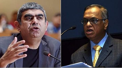 (Left) Infosys CEO Vishal Sikka. (Right) Infosys co-founder Narayana Murthy. (Photos | PTI file photo)