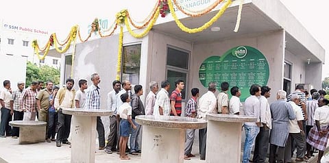 People queue up outside an Indira Canteen at Banashankari in Basavanagudi ward for breakfast on Friday | Nagaraja Gadekal