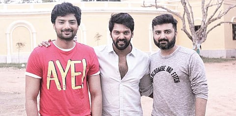 Nirup Bhandari, Arya and Anup Bhandari on the sets of Rajaratha