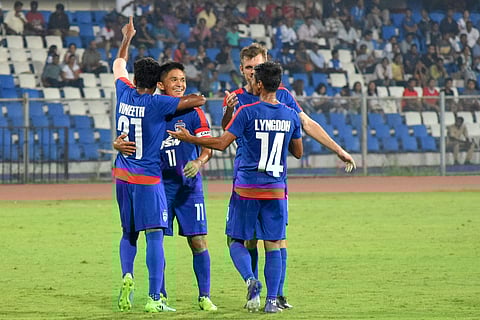 Chhetri then coolly chipped in the resultant penalty kick for his third goal of the competition to hand the Blues a 1-0 lead. (Jithhendra M | EPS)