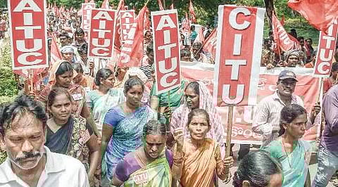 VMC employees take out a protest rally in V’wada on Tuesday | p ravindra babu