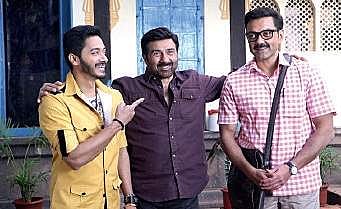 Shreyas Talpade, Sunny Deol and Bobby Deol in a still from 'Poster Boys'.
