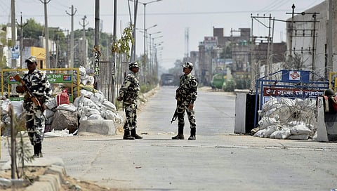 Military personnel patrolling Sirsa a day ahead of Ram Rahim Singh's sentencing. (Photo | PTI)