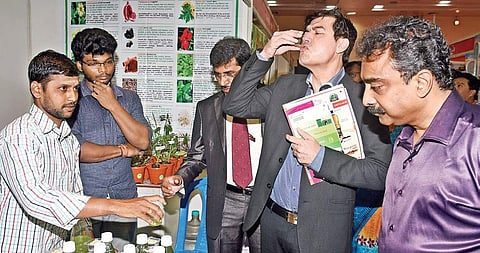 Dr Anil Vaidya at one of the stalls after inaugurating Arogyam 2017 in the city on Saturday | MARTIN LOUIS