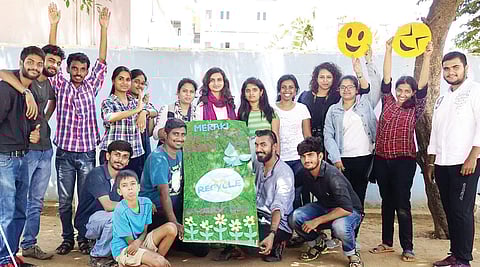 Founder of Meraki NGO BLR Shailaja Dayanand (standing fifth from right) with a group of volunteers; (below) an art work created by children during one of the workshops