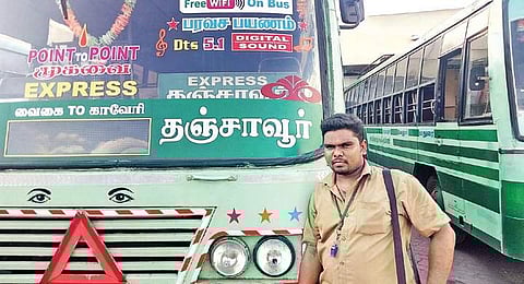 M Jayabalaji with his bus at the Mattuthavani stand | EXPRESS