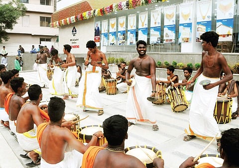 Artistes perform Kerala’s traditional dance during the inauguration of Lalithaa Jewellery store at Somajiguda in Hyderabad on Sunday | SAYANTAN GHOSH