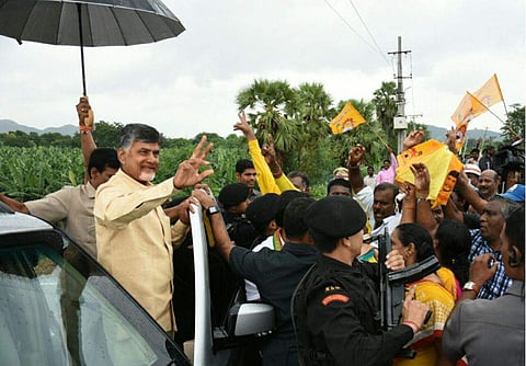 Chief Minister N Chandrababu Naidu greeting TDP followers after winning the Nandyal by poll at his residence in Vijayawada. (Express Photo Service | P Ravindra Babu)