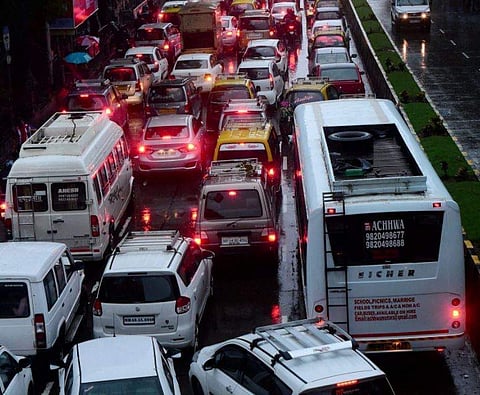 Vehicles stuck in a massive traffic jam near Chhatrapati Shivaji Terminus during heavy rainfall in Mumbai on Tuesday. | PTI