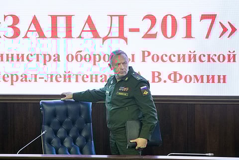 Deputy Defense Minister Lt. Gen. Alexander Fomin arrives for a briefing in Moscow, Russia, Tuesday, Aug. 29, 2017. The Russian military says major war games, the Zapad (West) 2017 maneuvers, set for next month will not threaten anyone. | AP