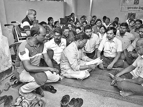 Dilip Ray with the agitating clerical staff in Rourkela | EXPRESS
