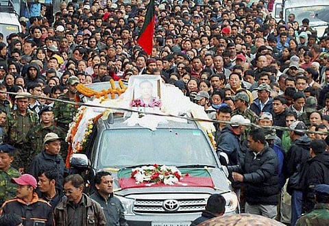 People participate in the funeral procession of ABGL chief Madan Tamang in Darjeeling. | PTI