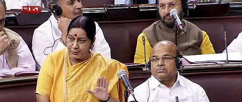 External Affairs Minister Sushma Swaraj speaks in the Rajya Sabha during the ongoing monsoon session of Parliament in New Delhi on Thursday. (PTI)