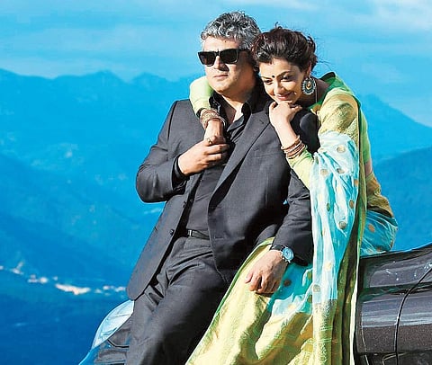 Ajith and Kajal Aggarwal in a still from Vivegam.