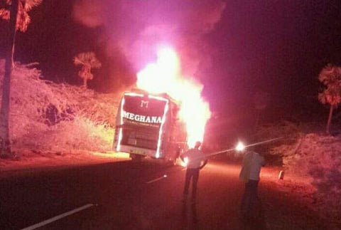 The Meghana Travels Kadapa-Vijayawada bus caught fire on Wednesday morning in Prakasam district of Andhra Pradesh. (EPS)
