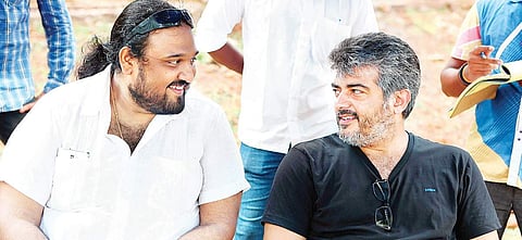 Director Siva and Ajith during the shooting of Veeram.