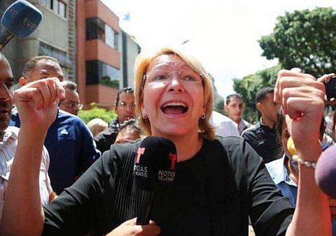 Venezuelan General Prosecutor Luisa Ortega Diaz speaks to the media outside her office after security forces surrounded the entrance, in Caracas, Venezuela on Aug. 5, 2017. (Photo | AP)