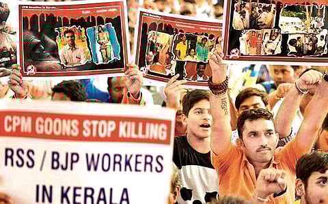 RSS/BJP workers during a protest rally in Kerala.