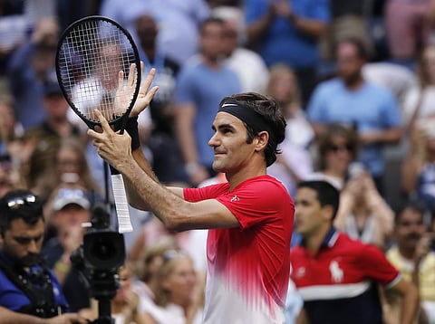 Roger Federer, of Switzerland, reacts after defeating Mikhail Youzhny, of Russia, during the second round of the U.S. Open tennis tournament, Thursday, Aug. 31, 2017, in New York. | AP