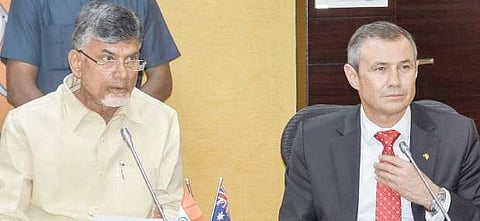 Chief Minister N Chandrababu Naidu and Deputy Premier of Western Australia Roger Cook at the signing of MoUs in Vijayawada on Thursday | ExpressGovernment of Andhra Pradesh and Western Australia finalised Memoranda of Understanding (MoUs) in the fields of