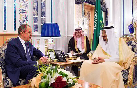 Saudi King Salman, right, receives the Russian Foreign Minister Sergey Lavrov at Al-Salam Palace in Jiddah. (Photo | AP)
