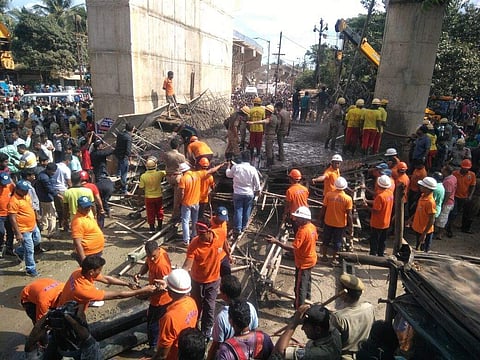 One person was killed and 12 others were injured when a portion of the under-construction flyover in Bhubaneswar collapsed on Sunday. (Biswanath Swain | EPS)