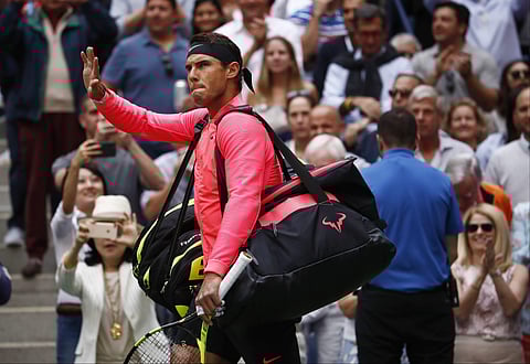 Rafael Nadal waves as he walks onto the court to play against Kevin Anderson of South Africa in the men's singles final of the U.S. Open tennis tournament in New York. (Photo | AP)