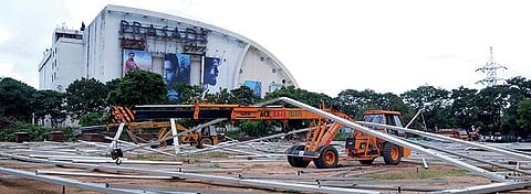 The spot where a temporary shed for an upcoming government exhibition collapsed on Sunday night killing two labourers, in Hyderabad on Monday | sayantan ghosh