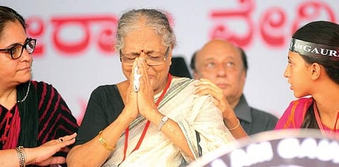 Gauri Lankesh’s mother is unable to control her emotions during the protest against her daughter’s murder in Bengaluru on Tuesday | nagesh polali