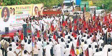 Cadre of DMK and alliance parties staging a demonstration against NEET in Pudukkottai town on Wednesday;