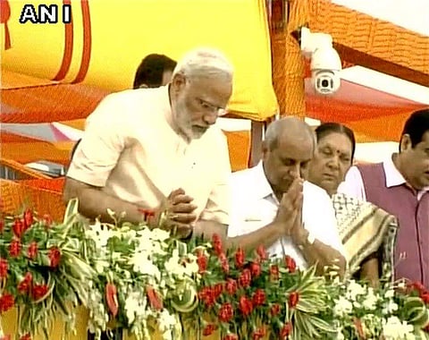 Modi at the inauguration of the Sardar Sarovar Dam in Kevadia today. (Photo: Twitter/ANI)