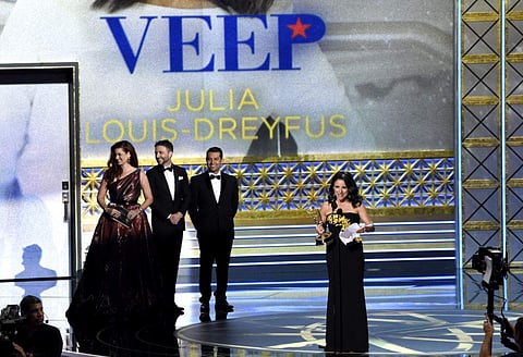Julia Louis-Dreyfus accepts the award for outstanding lead actress in a comedy series for 'Veep' at the 69th Primetime Emmy Awards on Sept. 17, 2017, at the Microsoft Theater in Los Angeles. (Photo | AP)