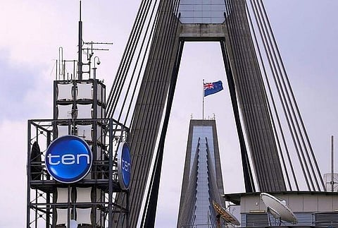 The logo of Network Ten Pty Ltd is displayed above the company's headquarters in Sydney, Australia. (File photo | Reuters)