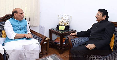 Tamil Nadu Governor C Vidyasagar Rao met Union Home Minister Rajnath Singh here and is learnt to have apprised him of the political situation in the State. (Twitter | HMO India)