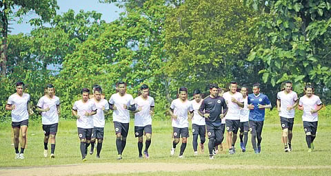 NEROCA FC players train at the Maibakhul village ground near Imphal | vishnu prasad