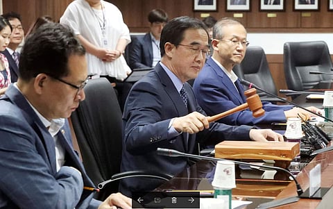 South Korean Unification Minister Cho Myoung-gyon, center, presides over an interagency meeting for humanitarian aid to North Korea in Seoul, South Korea on Sept. 21, 2017. (Photo | AP)