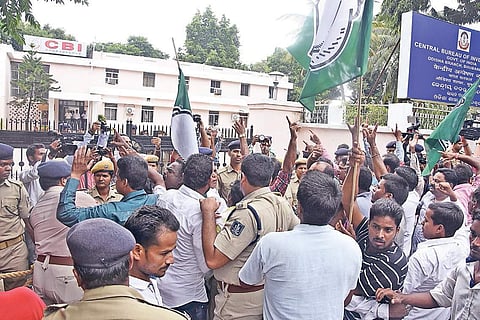 Pravat Biswal supporters staging protest outside CBI office on Wednesday | Express