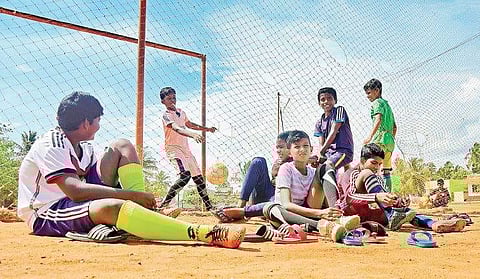 Children during a game of football at the community ground in Thoothoor in Kanyakumari district, Tamil Nadu. | Express Photo Service