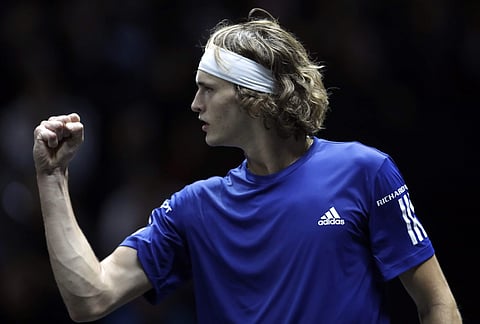 Europe's Alexander Zverev celebrates after winning a point against World's Denis Shapovalov during their Laver Cup tennis match in Prague, Czech Republic. | AP
