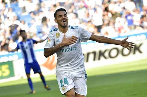 Real Madrid's Dani Ceballos celebrates his second goal after scoring against Alaves during the La Liga match against Alaves. | AP