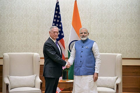 Prime Minister Narendra Modi shakes hands with US Defence Secretary Jim Mattis at a meeting in New Delhi on Tuesday. | PTI