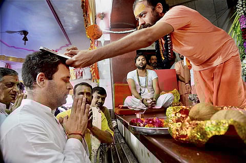 Congress Vice-President Rahul Gandhi visits Chamunda Mata Temple Chotila in Surendranagar on Wednesday. | PTI