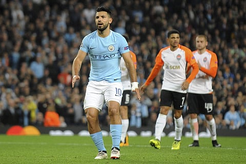 Manchester City's Sergio Aguero reacts after missing a penalty during the Champions League Group F soccer match between Manchester City and Shakhtar Donetsk at Etihad stadium, Manchester. (AP)