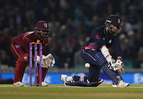 England's Moeen Ali plays a shot off the bowling of West Indies' Ashley Nurse during the One Day International cricket match between England and the West Indies at the Oval cricket ground. | AP