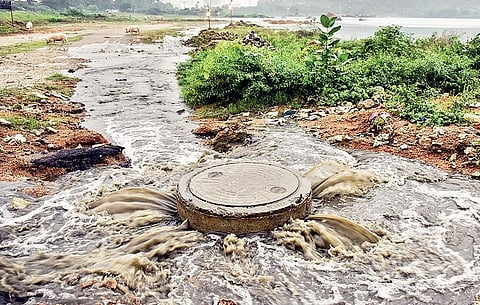 Bhagiratgamma cheruvu getting polluted due to sewage inflow, at Nanakramguda in Hyderabad on Thursday | vinay madapu